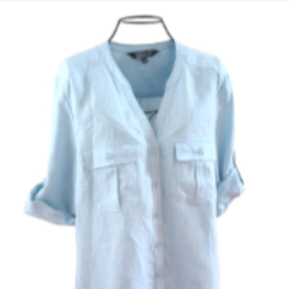 NWOT Nicole Miller Linen Button Up 3/4 Roll Tab Sleeve Top Pockets sz L Sky Blue - Picture 6 of 14